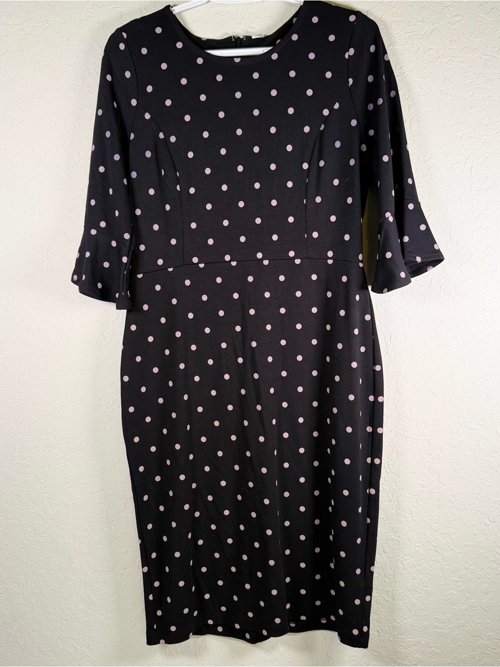 Old Navy Black & Pink Polka Dot Midi Dress Size Medium Bell Sleeve